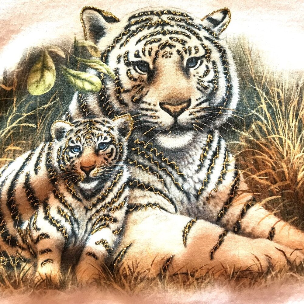 Upcycled Oversized Graphic Tee, Tiger Print Flannel Sleeves Plus Size L-2XL - Picture 4 of 11